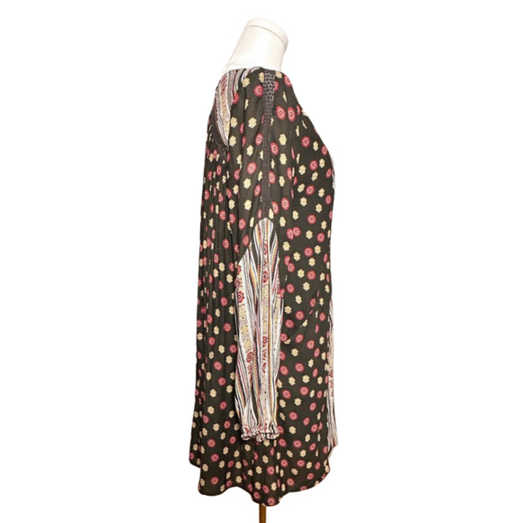 Free People Olive Green White Deep V Neck Lace Up Tunic Mini Dress Small - Picture 4 of 12